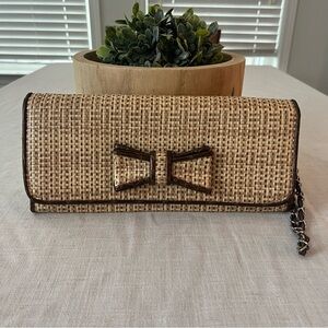NWOT Bueno Tan and Brown Woven Clutch with Bow